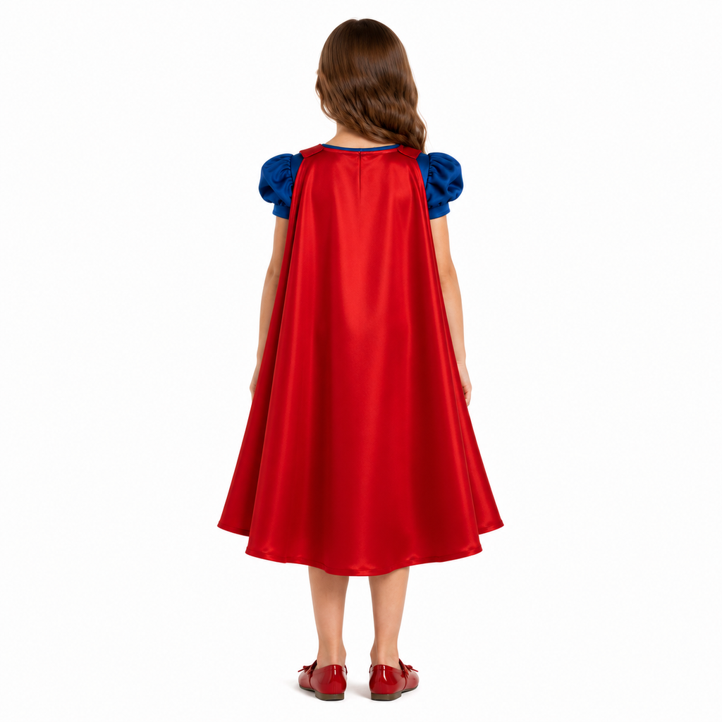 Girls Blue and Red Superhero Dress with Cape Shiny Gold Belt Red Star Costume for Halloween Themed Party