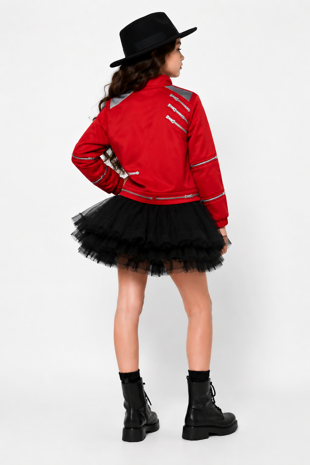 Girls King of Pop Costume Red Jacket Skirt T-shirt and Hat Full Set for Dress-up Party