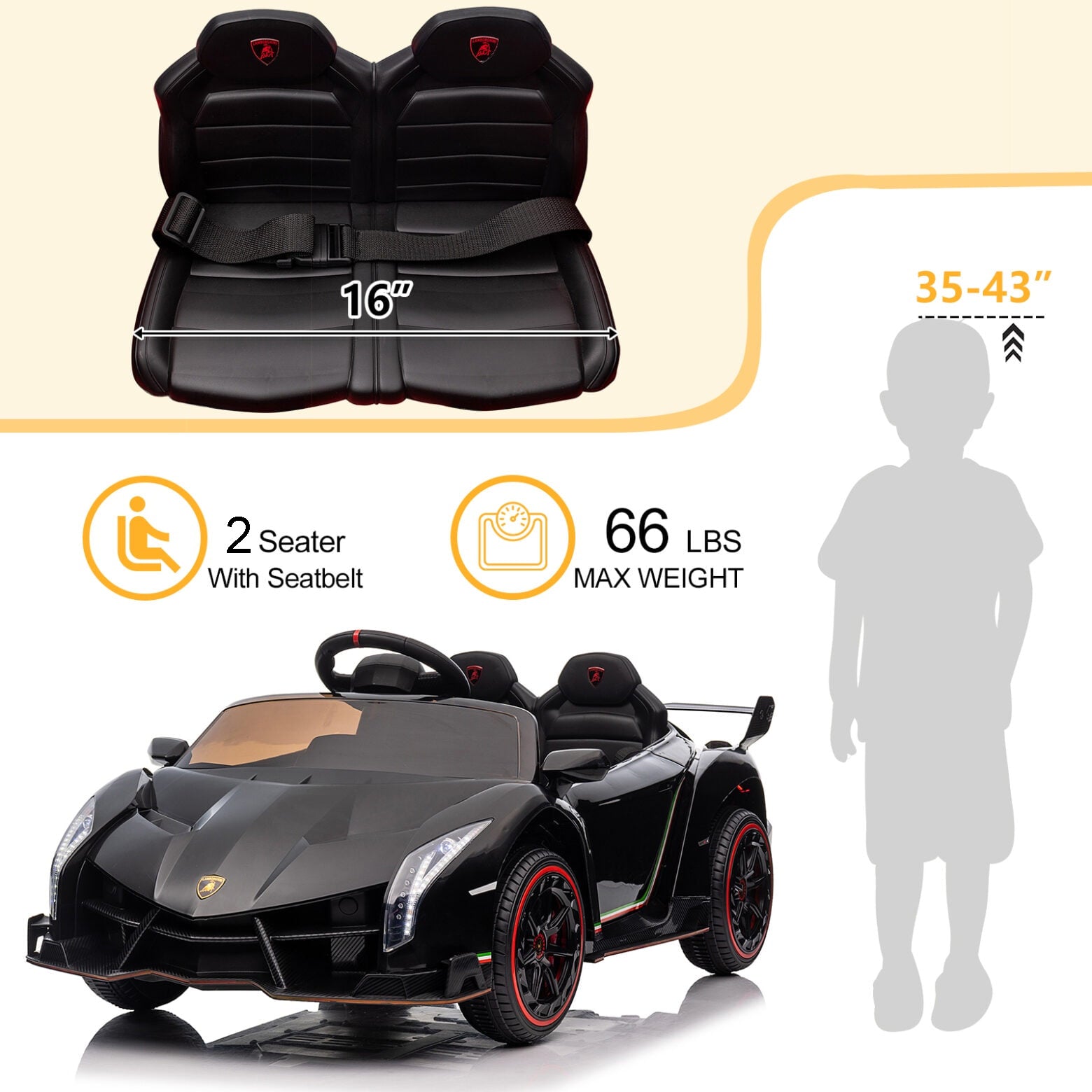 12V Kids Lambo Ride On Car Sports Dual Drive Car with 2.4G Remote Control Electric Racing Car