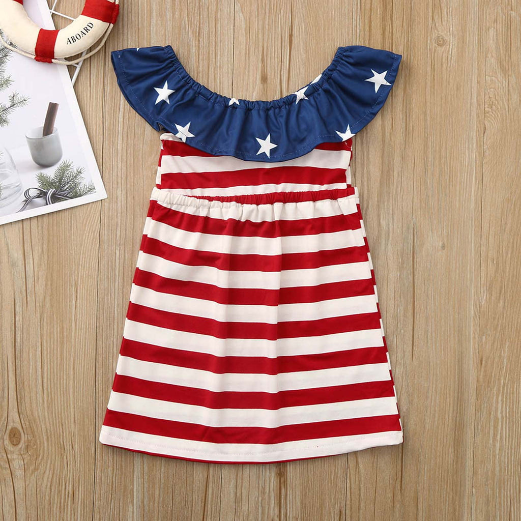 Toddler 4th of July Dress Off-shoulder Ruffled American Flag Printed Outfit