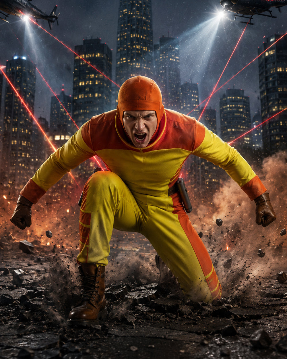 Mens Exploding Hero Costume Yellow Jumpsuit with Helmet and Accessories for Halloween Cosplay