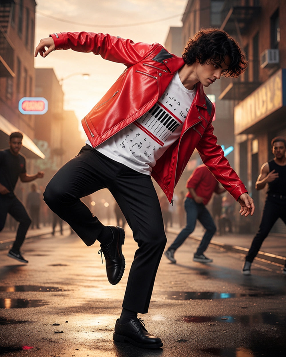 Kids Adults King of Pop Stage Performance Outfit Red 80s Shiny PU Leather Jacket and Pants Set for Fans Cosplay Events