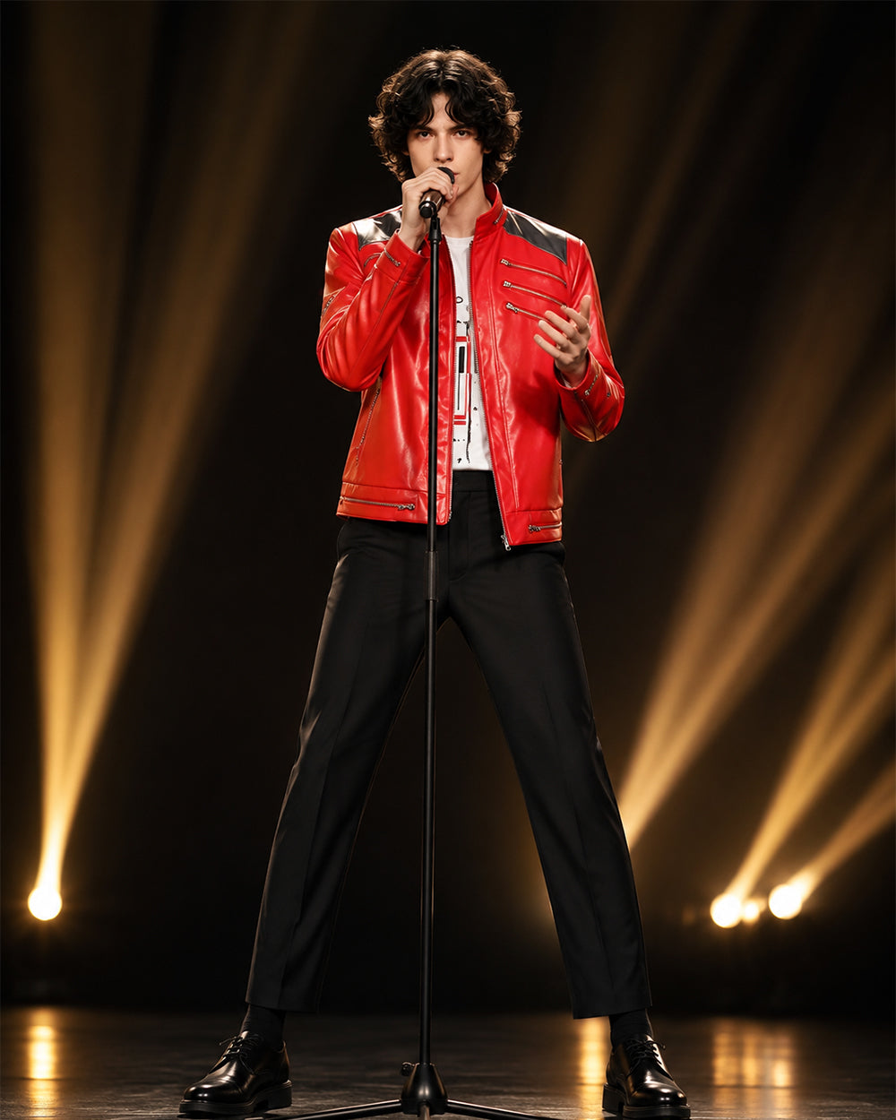 Kids Adults King of Pop Stage Performance Outfit Red 80s Shiny PU Leather Jacket and Pants Set for Fans Cosplay Events