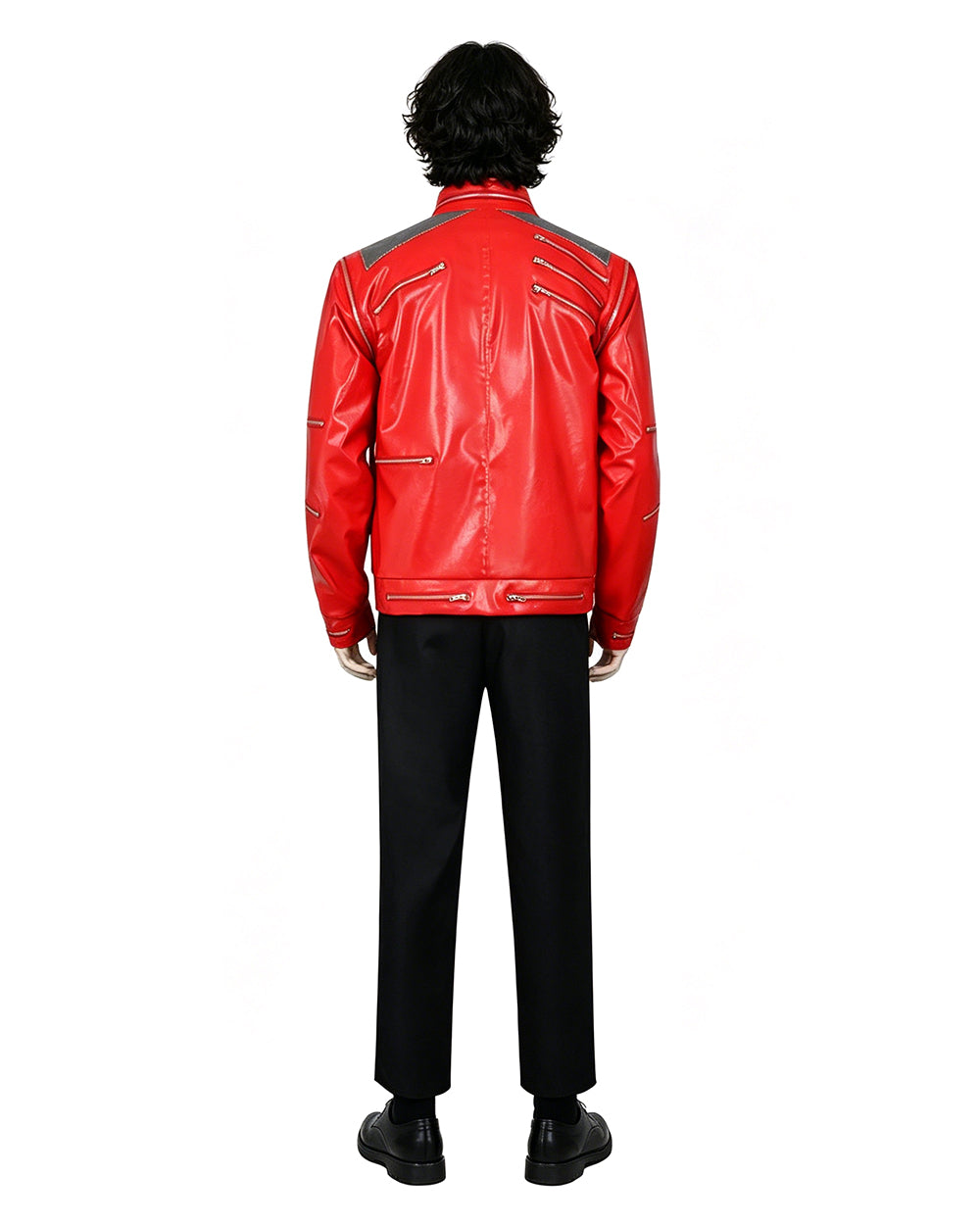 Kids Adults King of Pop Stage Performance Outfit Red 80s Shiny PU Leather Jacket and Pants Set for Fans Cosplay Events