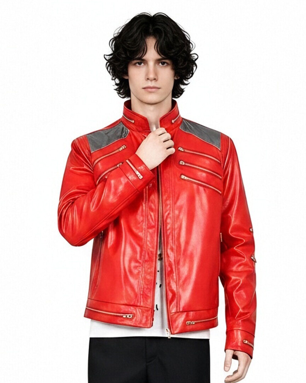Kids Adults King of Pop Stage Performance Outfit Red 80s Shiny PU Leather Jacket and Pants Set for Fans Cosplay Events