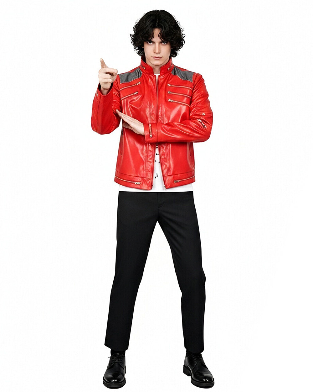 Kids Adults King of Pop Stage Performance Outfit Red 80s Shiny PU Leather Jacket and Pants Set for Fans Cosplay Events