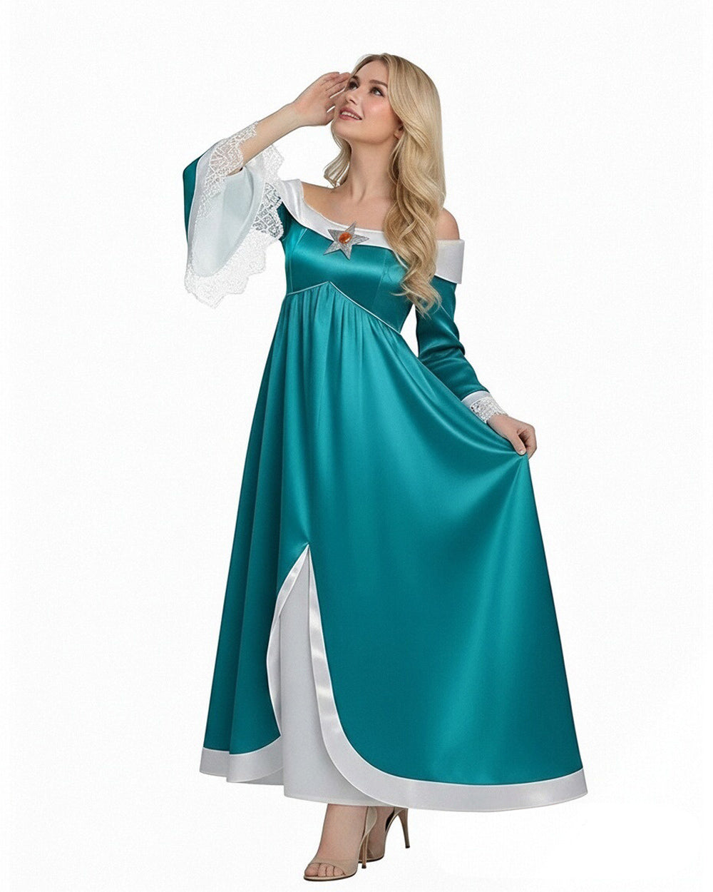 Women Rosalina Costume Turquoise Maxi Princess Off-should Gown with Accessories for Themed Party