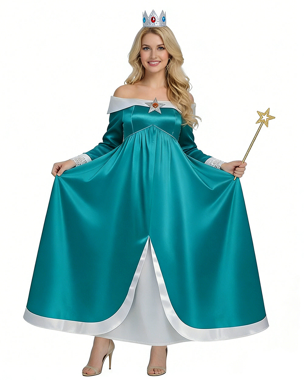 Women Rosalina Costume Turquoise Maxi Princess Off-should Gown with Accessories for Themed Party
