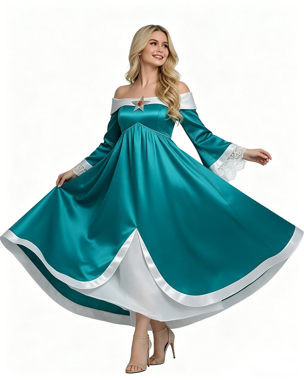 Women Rosalina Costume Turquoise Maxi Princess Off-should Gown with Accessories for Themed Party