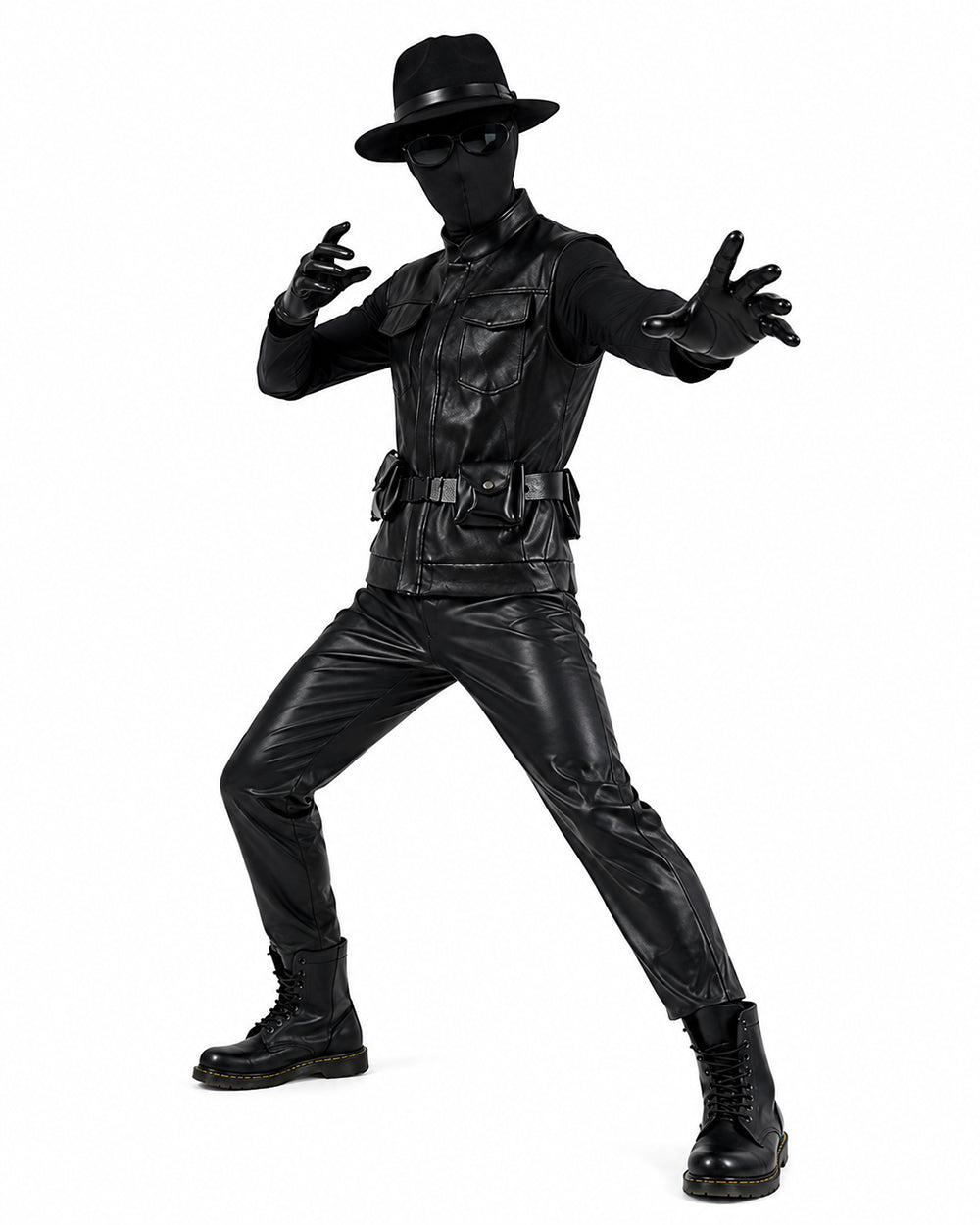 Mens Retro Spider Detective Costume Black Hero Trench Coat with Helmet and Accessories for Cosplay