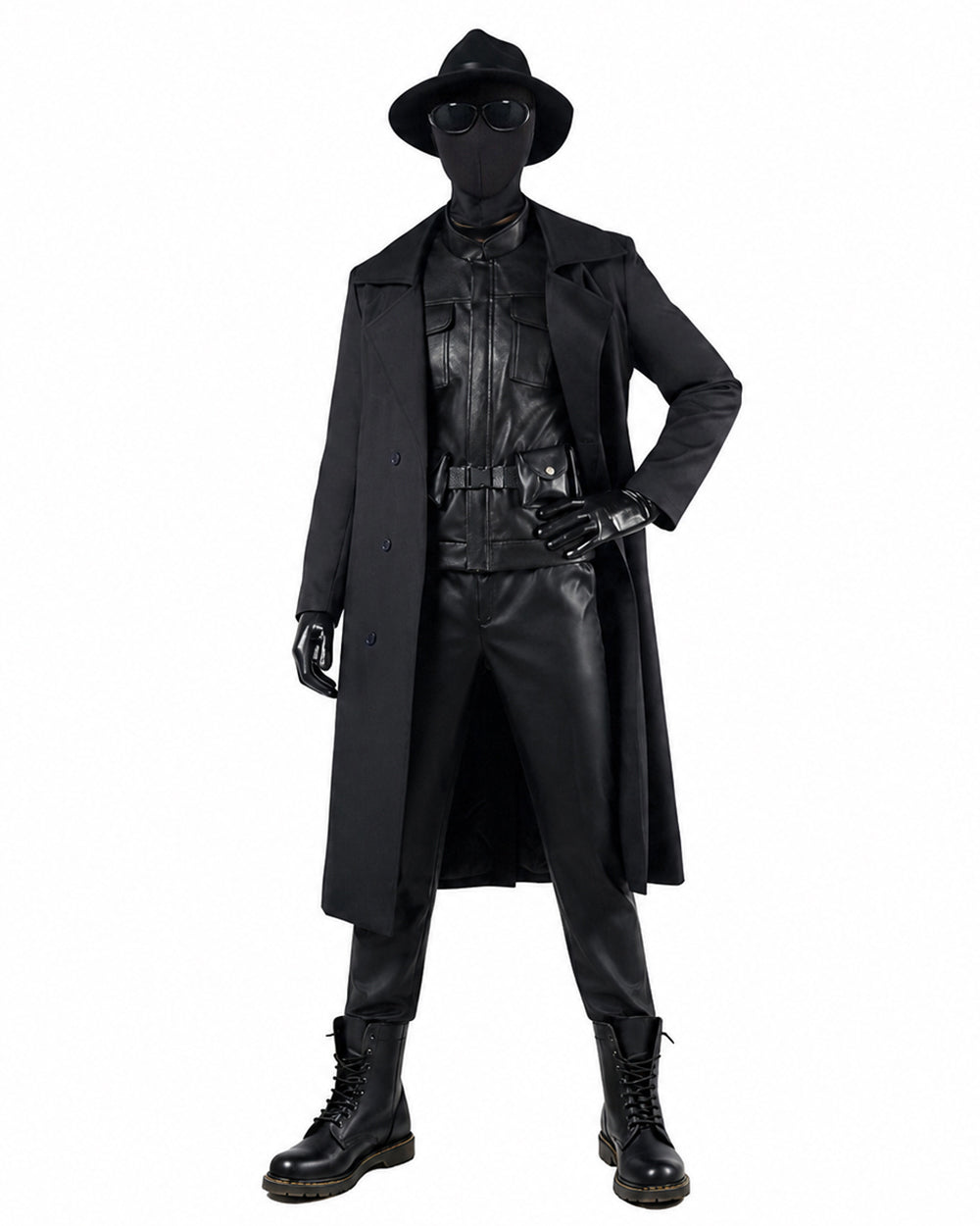 Mens Retro Spider Detective Costume Black Hero Trench Coat with Helmet and Accessories for Cosplay