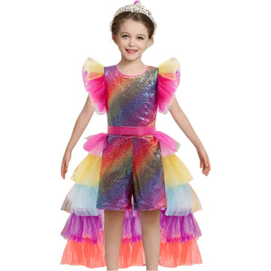 Girls Mardi Gras Costume Sequined Jumpsuit with Tiered Tulle Overskirt for Carnival Parade