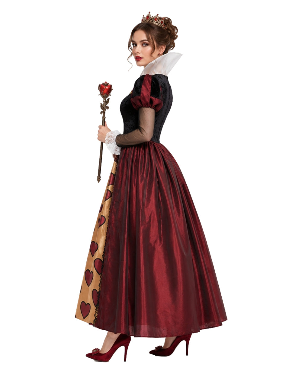 Women Red Heart Queen Costume Gothic Royal Villainess Dress with Stand-Up Collar for Stage Performances