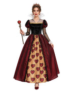 Women Red Heart Queen Costume Gothic Royal Villainess Dress with Stand-Up Collar for Stage Performances