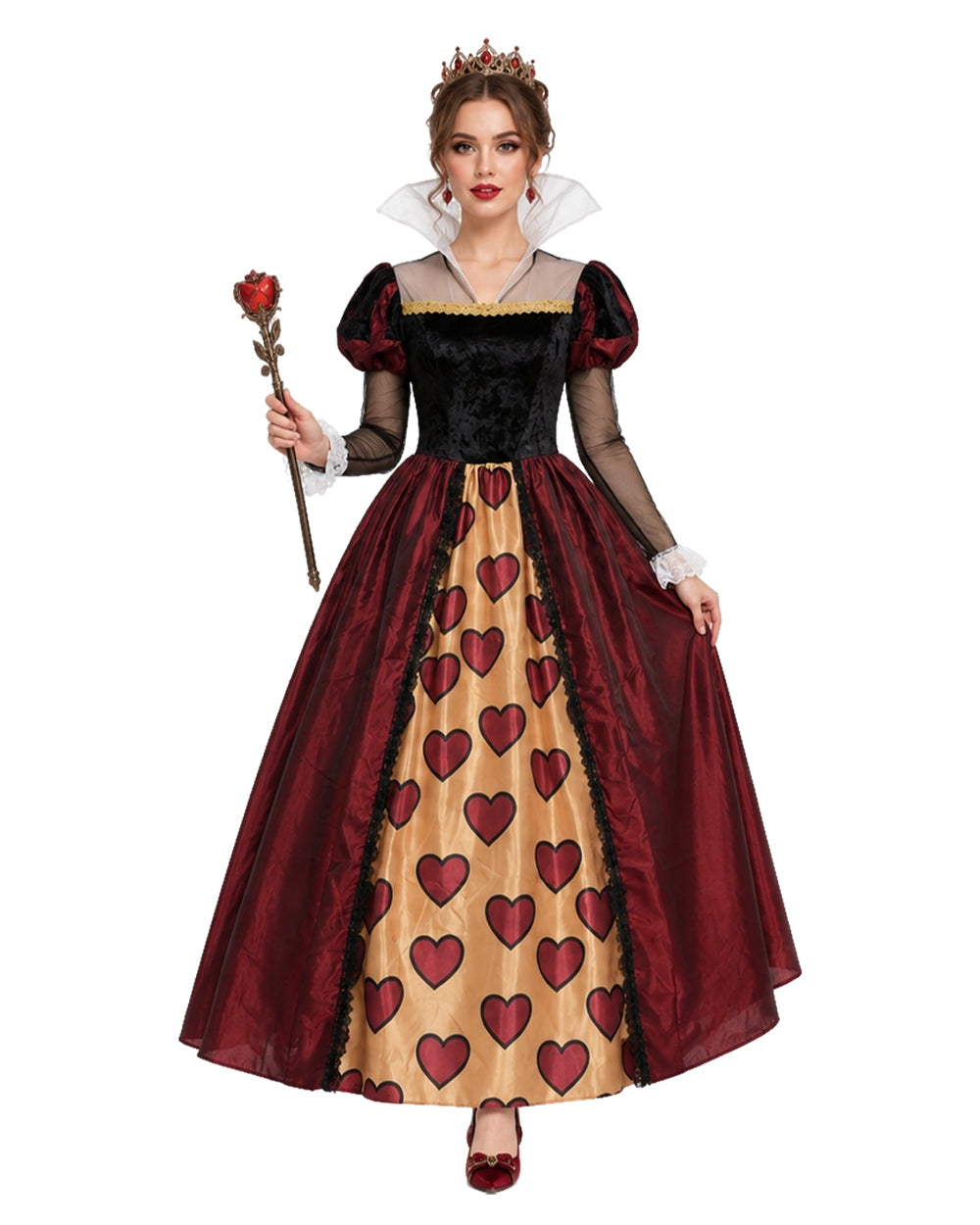 Women Red Heart Queen Costume Gothic Royal Villainess Dress with Stand-Up Collar for Stage Performances