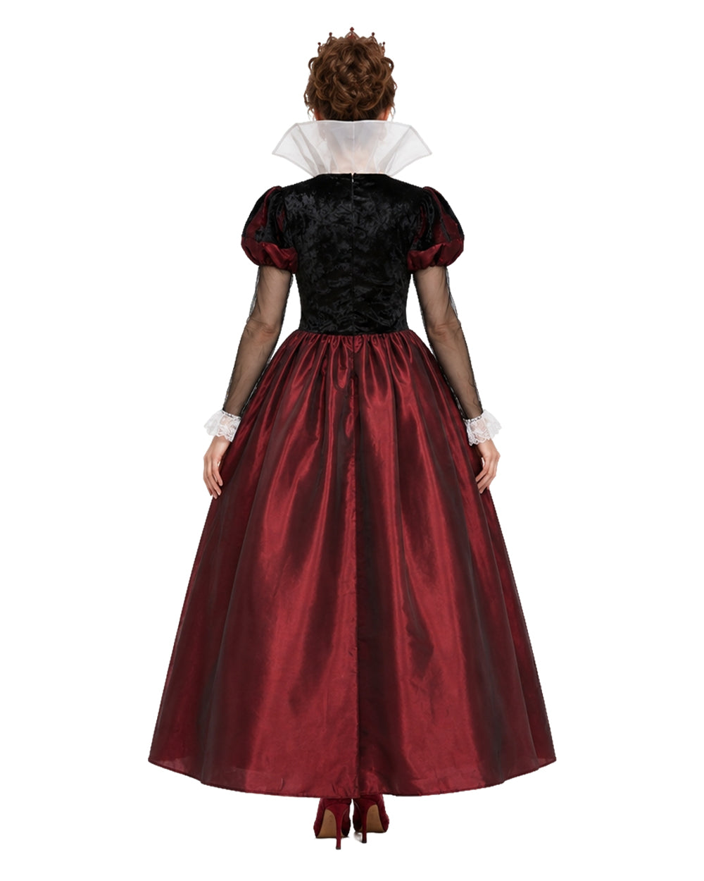 Women Red Heart Queen Costume Gothic Royal Villainess Dress with Stand-Up Collar for Stage Performances