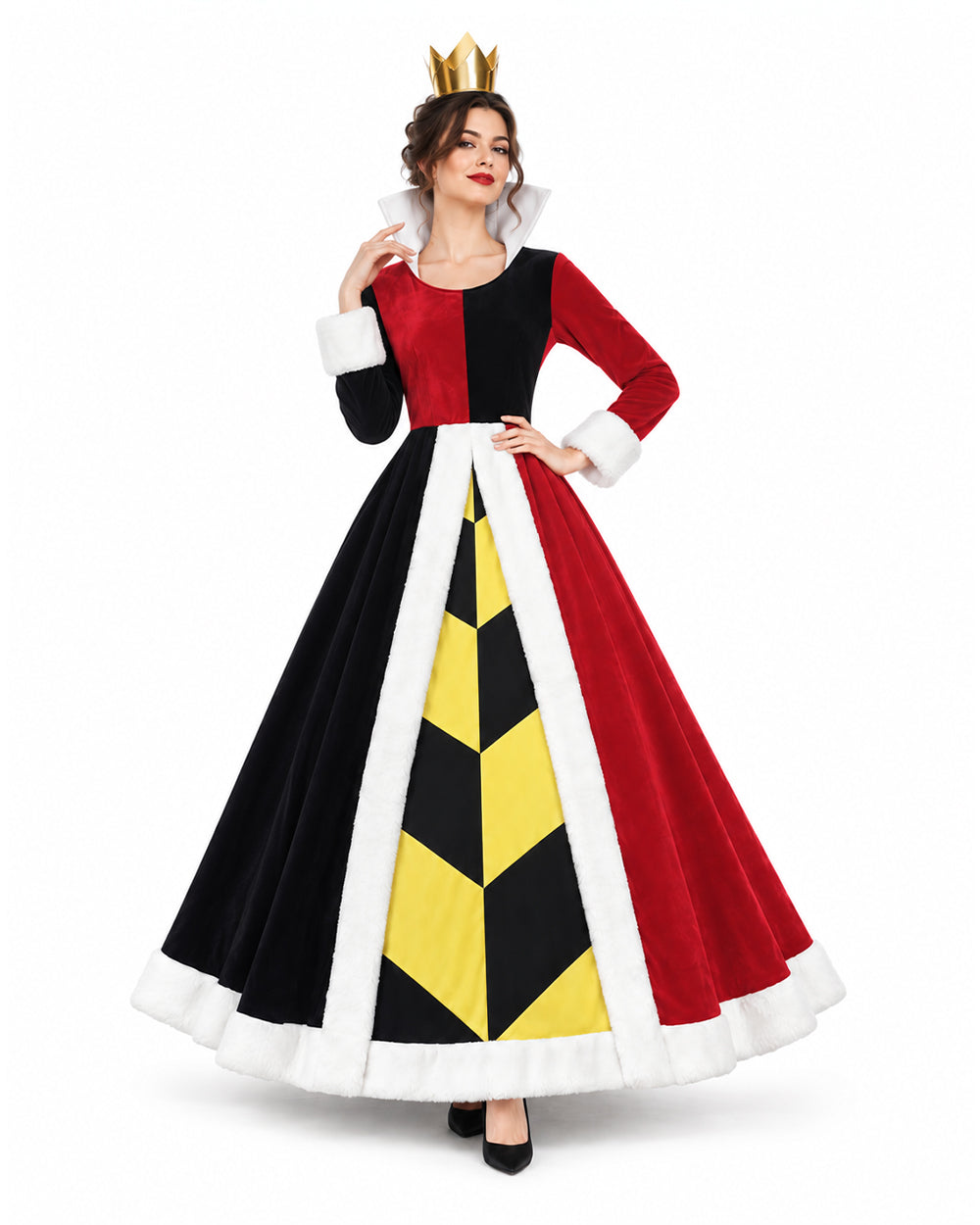 Women Queen of Hearts Costume Wonderland Red Dress and Crown for Halloween Party