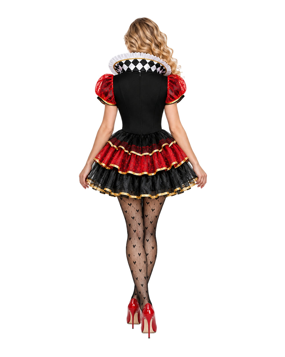 Women Heart Queen Costume Sexy Wonderland Villainess Mini Dress and Stocking for Halloween Party