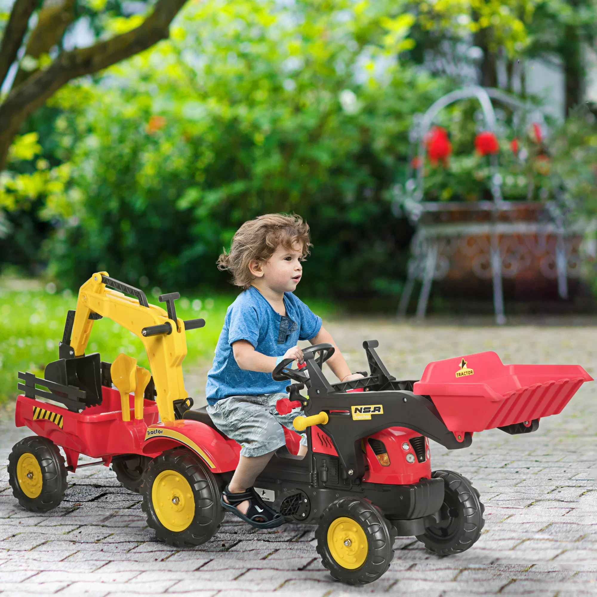 3 in 1 Kids Ride on Excavator 6 Wheels Pedal Powered Digger with Detachable Trailer Controllable Bucket