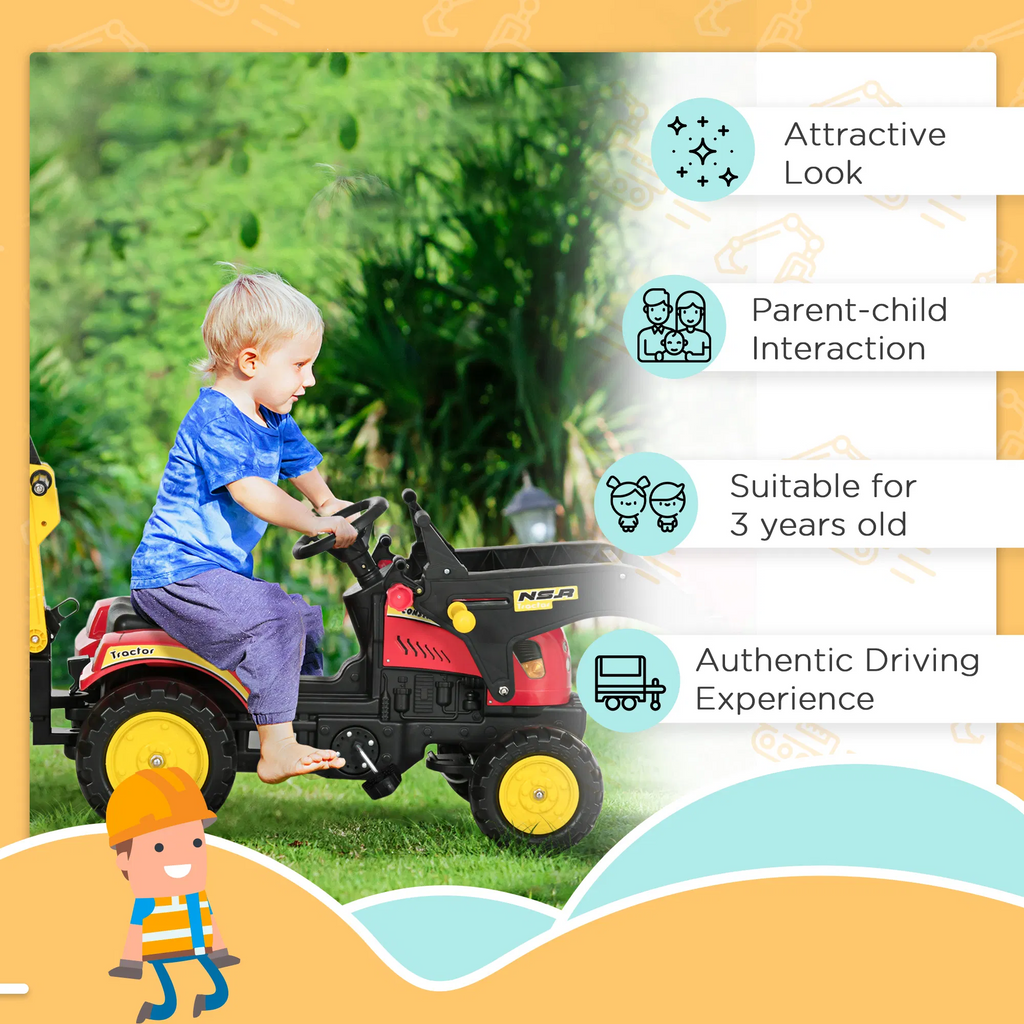3 in 1 Kids Ride on Excavator 6 Wheels Pedal Powered Digger with Detachable Trailer Controllable Bucket