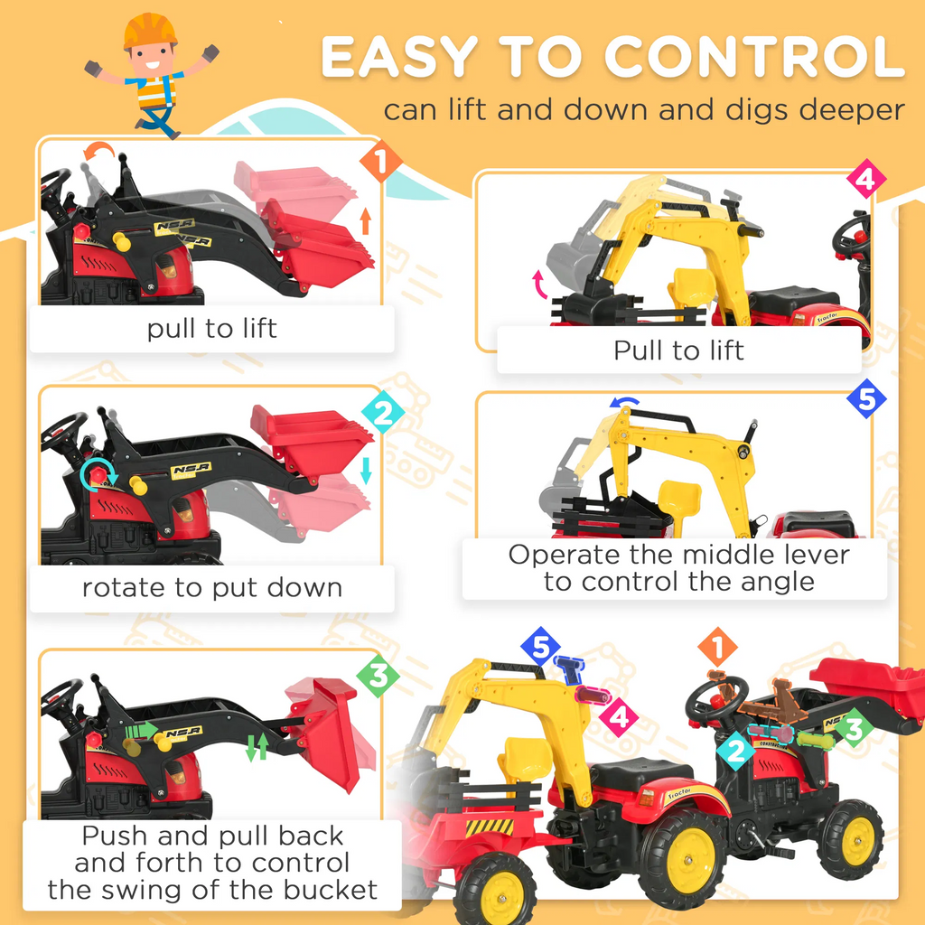 3 in 1 Kids Ride on Excavator 6 Wheels Pedal Powered Digger with Detachable Trailer Controllable Bucket