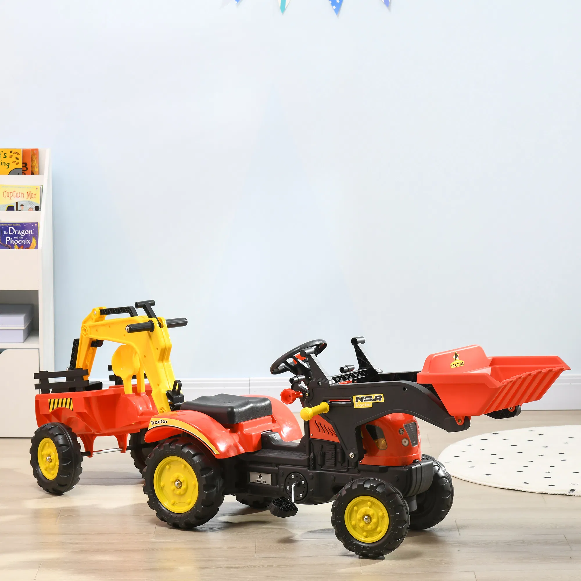 3 in 1 Kids Ride on Excavator 6 Wheels Pedal Powered Digger with Detachable Trailer Controllable Bucket