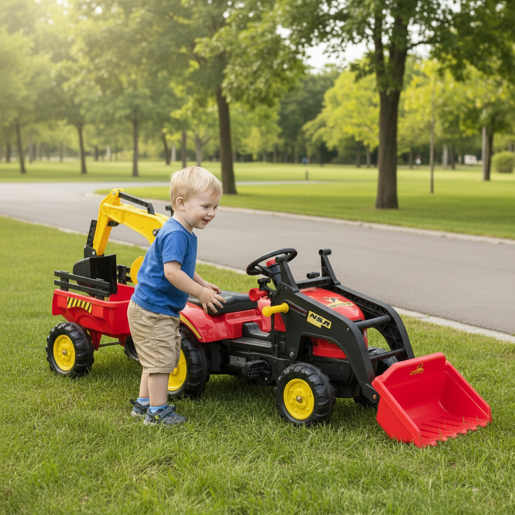 3 in 1 Kids Ride on Excavator 6 Wheels Pedal Powered Digger with Detachable Trailer Controllable Bucket