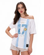 Women Argentina Jersey White and Sky Blue Off Shoulder T-Shirt for Match Day Watching Party