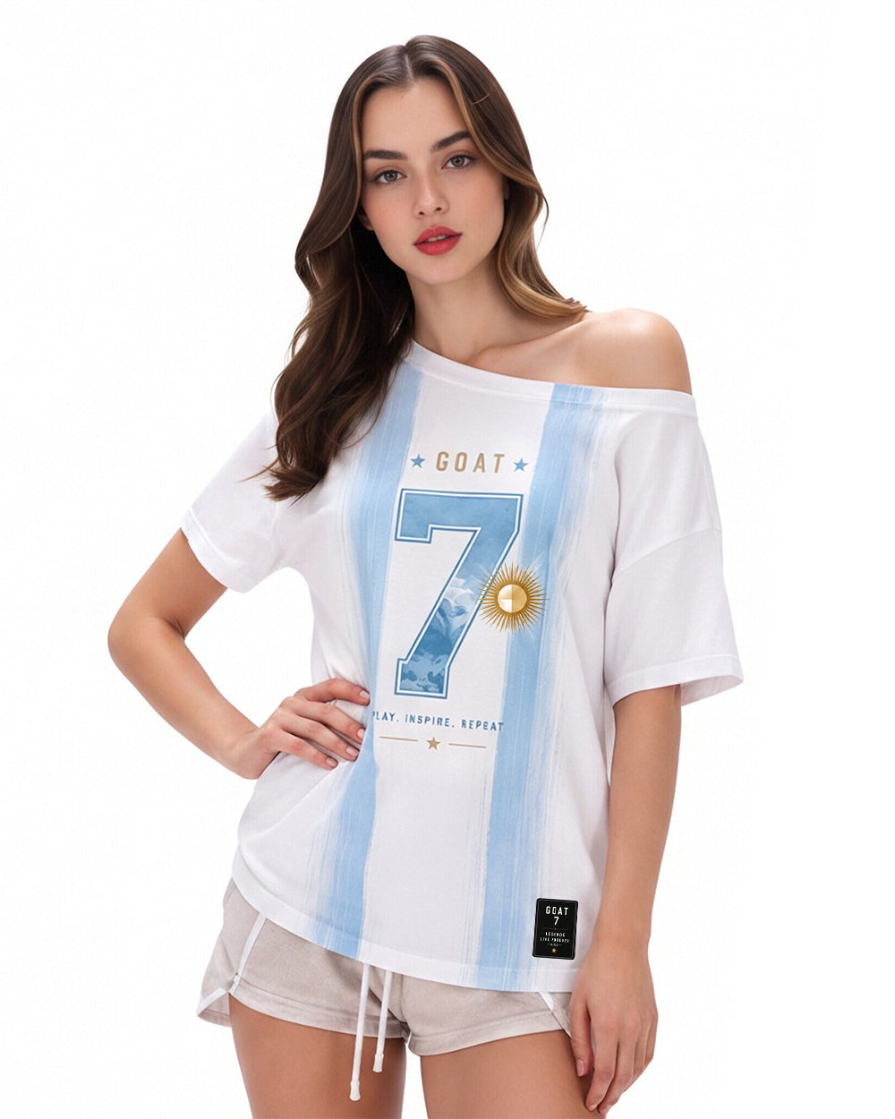 Women Argentina Jersey White and Sky Blue Off Shoulder T-Shirt for Match Day Watching Party