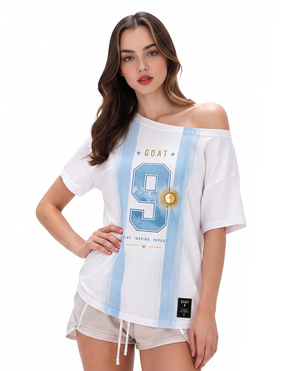 Women Argentina Jersey White and Sky Blue Off Shoulder T-Shirt for Match Day Watching Party