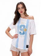 Women Argentina Jersey White and Sky Blue Off Shoulder T-Shirt for Match Day Watching Party