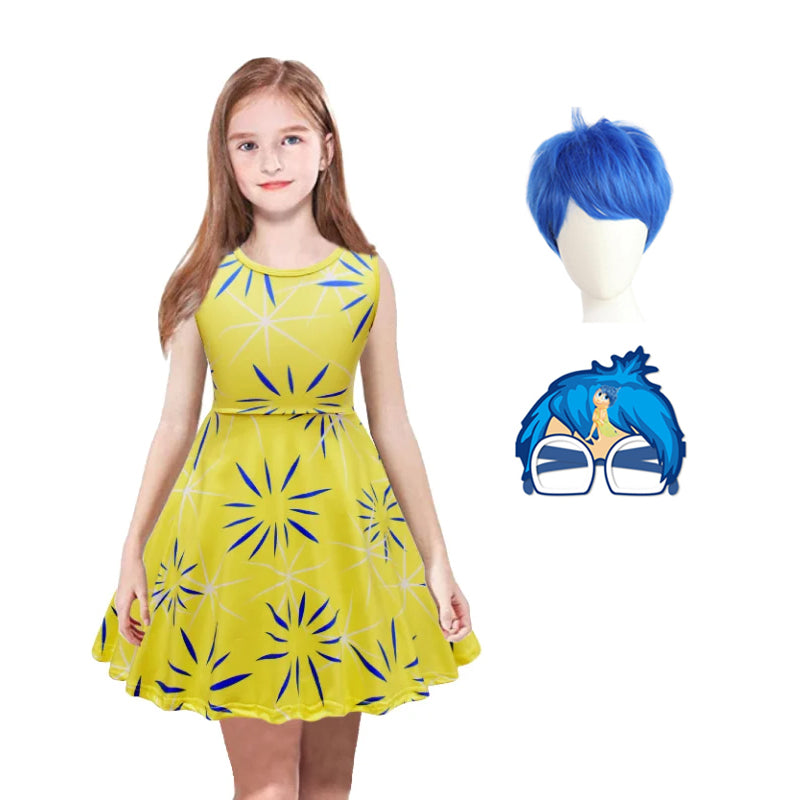 Girls Joy Dress Inside 2 Out Cosplay Costume Summer Skater Dress with Wig for Carnival