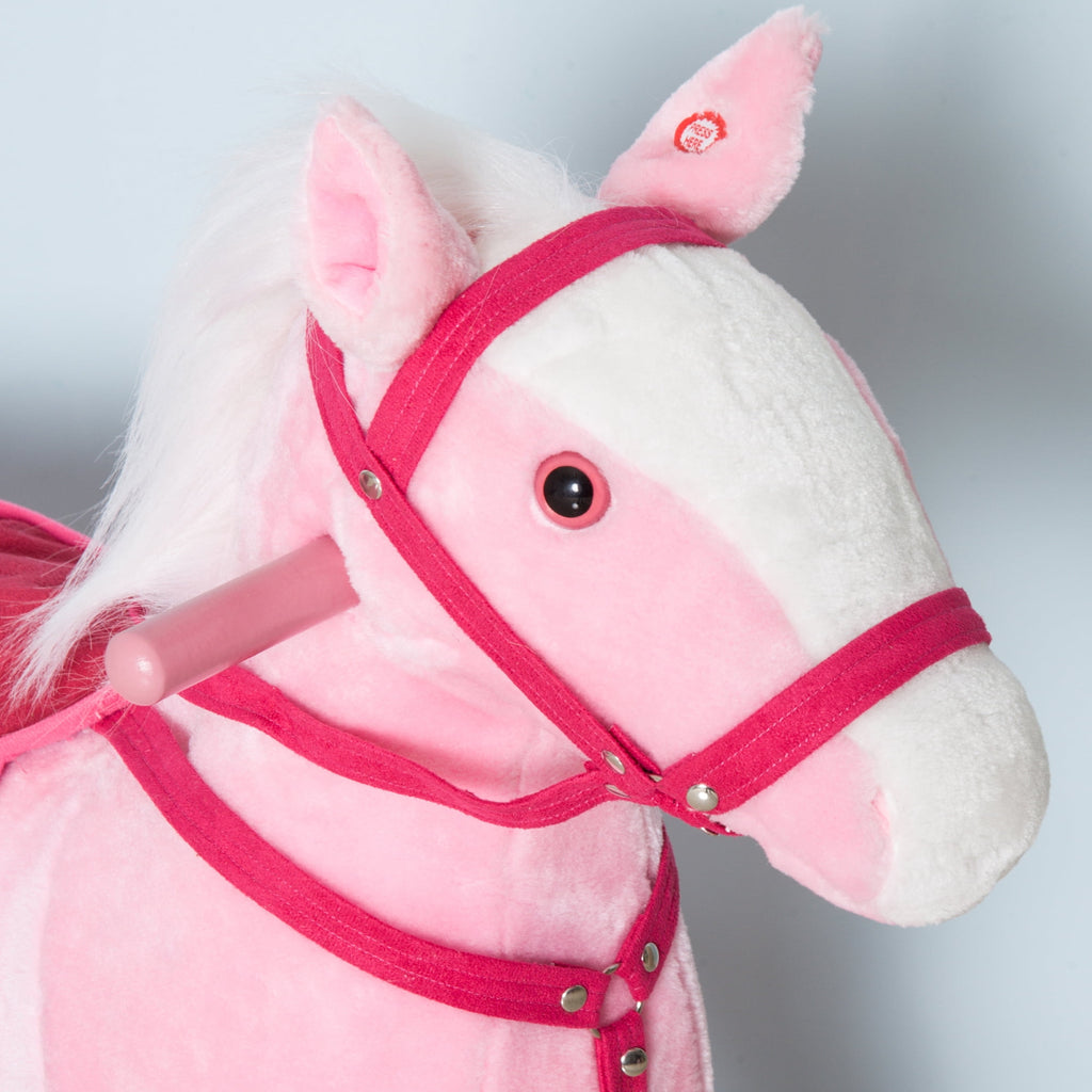 Kids Rocking Horse Pink Plush Ride On Toy with Realistic Sounds Holiday Gift