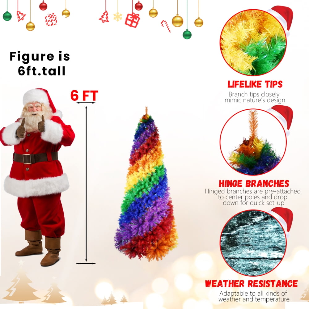6ft Rainbow Christmas Tree Full Fir Hinged Xmas Tree Spiral Design Holiday Decoration