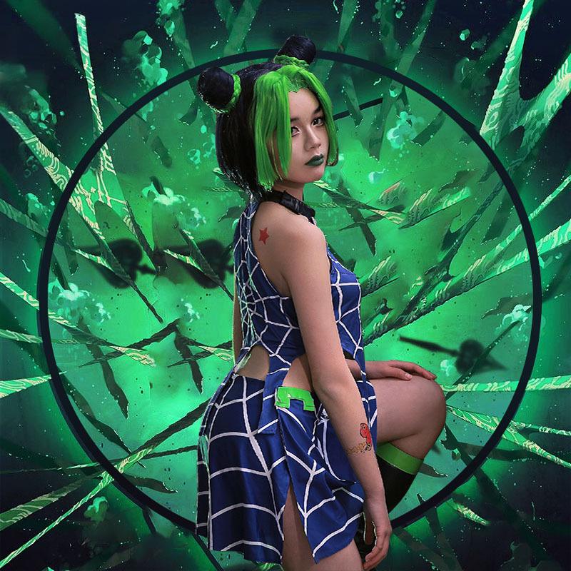 Women Cujoh Cosplay Outfit Blue JJBA Dress Halloween Carnival Costume