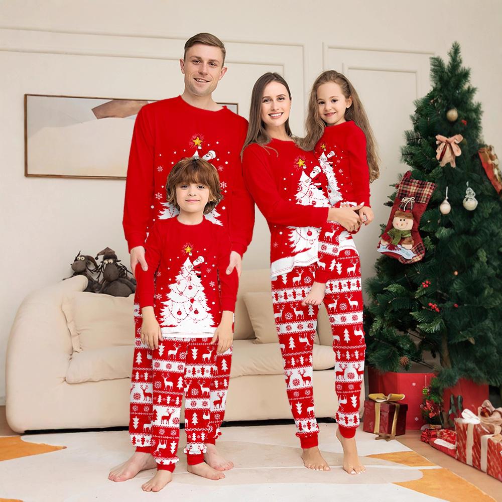 Matching Family Christmas Pajamas Red Festive Loungewear Causal Tops and Pants