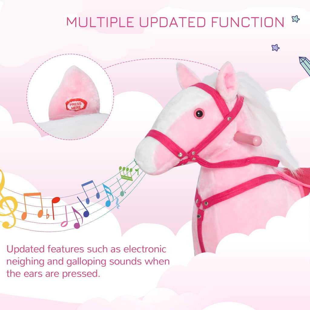 Kids Rocking Horse Pink Plush Ride On Toy with Realistic Sounds Holiday Gift