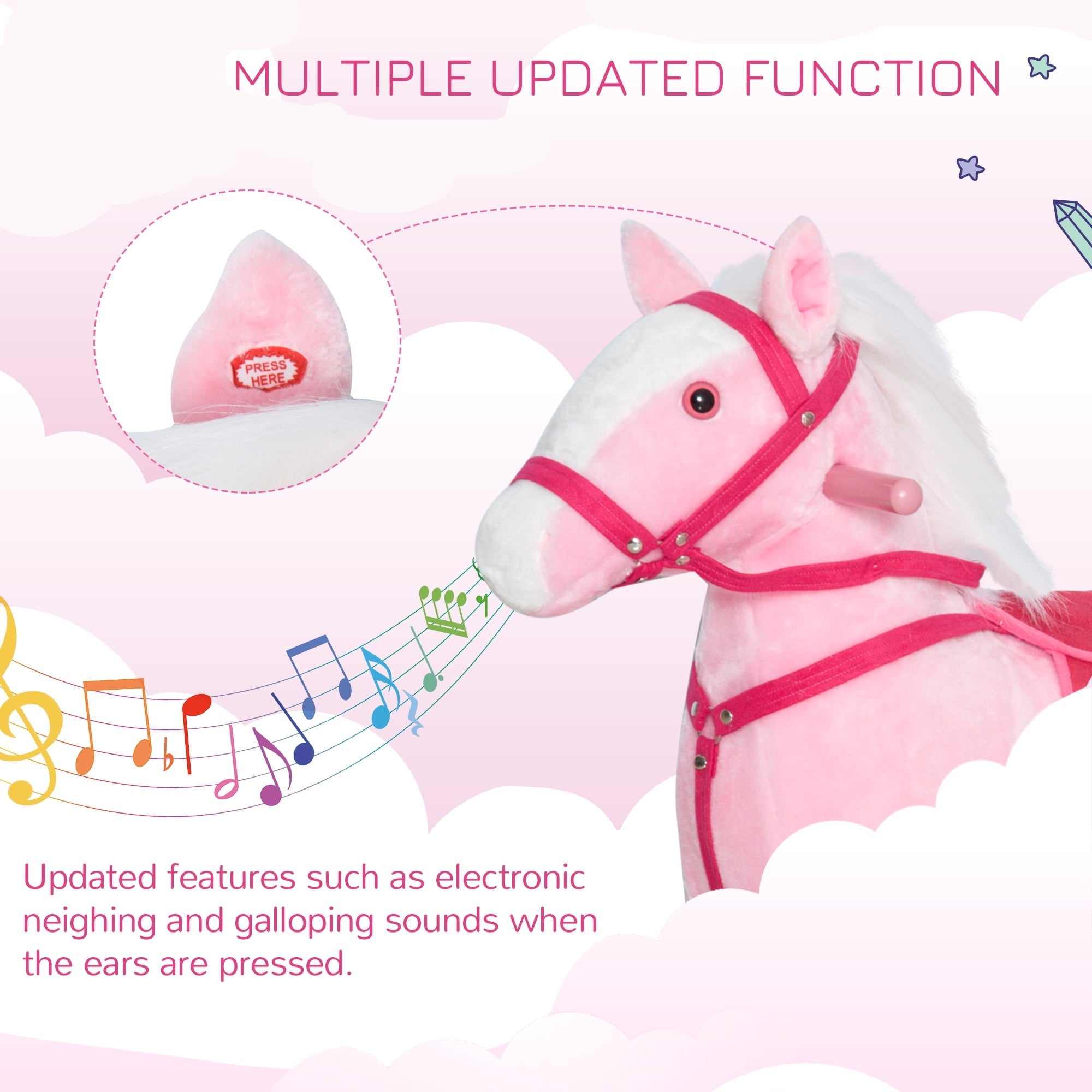Kids Rocking Horse Pink Plush Ride On Toy with Realistic Sounds Holiday Gift