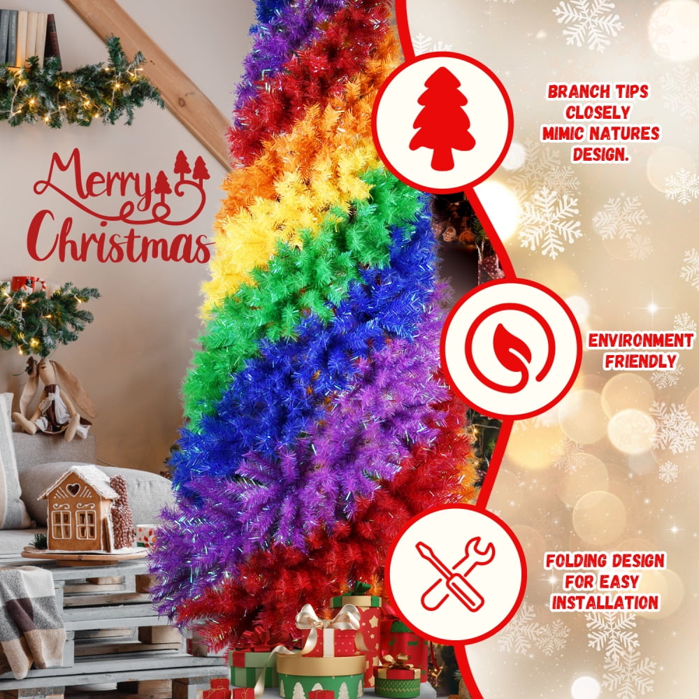 6ft Rainbow Christmas Tree Full Fir Hinged Xmas Tree Spiral Design Holiday Decoration