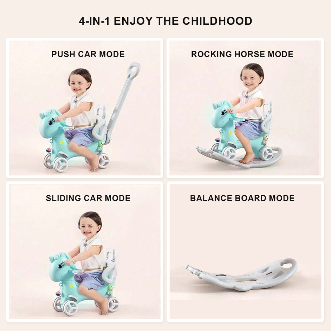 4-in-1 Baby Rocking Horse Cute Unicorn Toddler Ride Toy Detachable Push Handle Sliding Car For Boys Girls