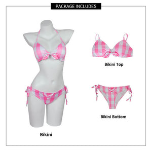Pink Plaid Bikini Women Swimwear with Matching Bathrobe Bucket Hat and Jewelry for Beach Vacation