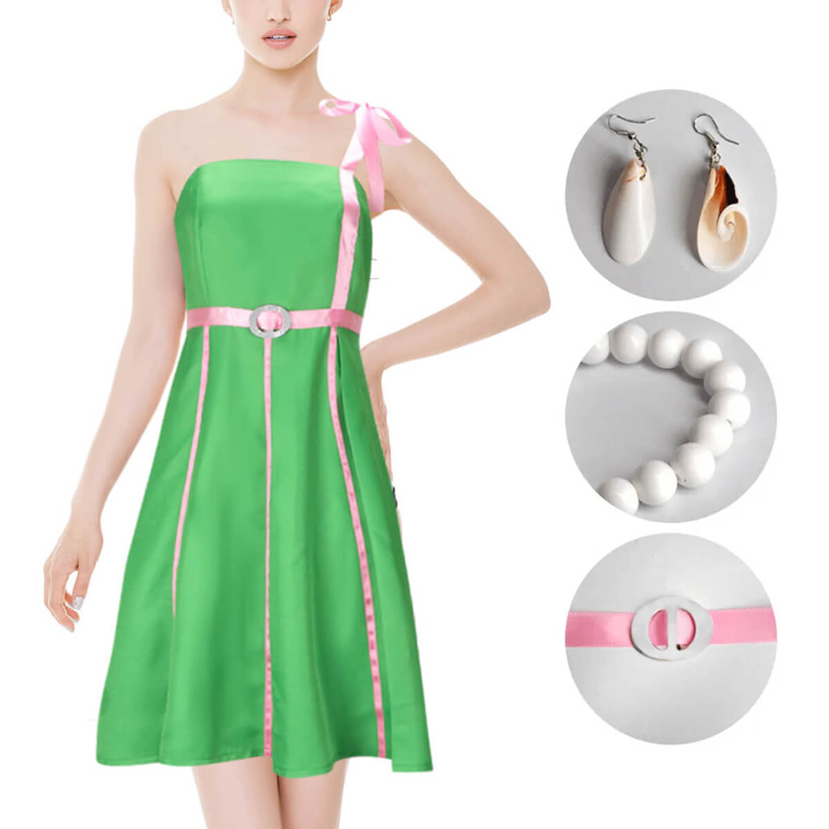Women Barbiecore Costume Nobel Prize Physicist Green Dress with Accessories Full Set