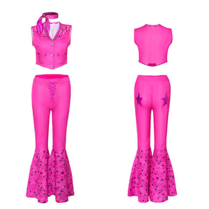 Y2k Sexy Cowgirl Costume 70s Disco Outfits Barbiecore Hot Pink Flare Pants with Vest Western Halloween Costume