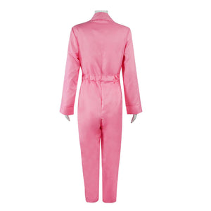 Barbiecore Pink Jumpsuit Margot Robbie Movie Costume Button Down Lapel Belted Cosplay Outfit