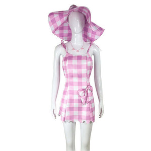 Pink Plaid Dress Hollow Suspender Beach Outfit with Hat Headband for Summer Vacation