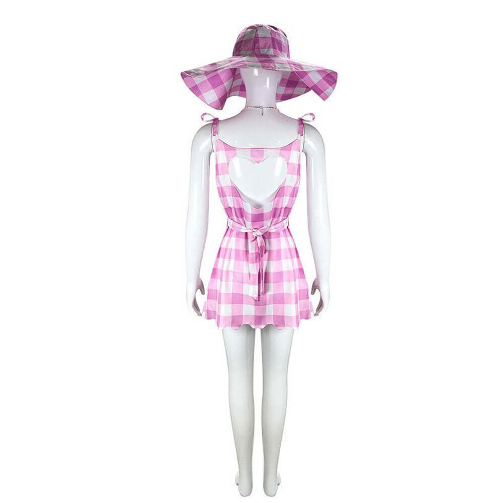Pink Plaid Dress Hollow Suspender Beach Outfit with Hat Headband for Summer Vacation