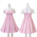 Pink Dress Beach Vacation Plaid Clothing with Necklace and Earrings for Kids Adults