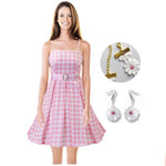 Pink Dress Beach Vacation Plaid Clothing with Necklace and Earrings for Kids Adults