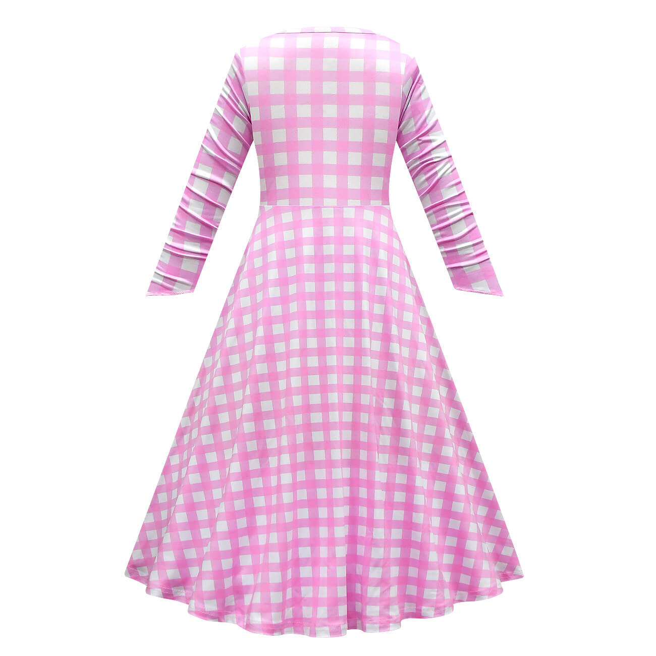 Girls Barbiecore Costume Pink Plaid Dress Long Sleeve Outfit with Hat Necklace for Halloween Cosplay