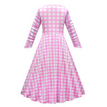 Girls Barbiecore Costume Pink Plaid Dress Long Sleeve Outfit with Hat Necklace for Halloween Cosplay